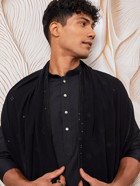 Men's Black Viscose Kurta, Pyjama And Dupatta Set.